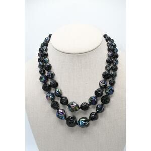 Vintage West Germany Black Iridescent Lucite Bead Necklace Double Strand